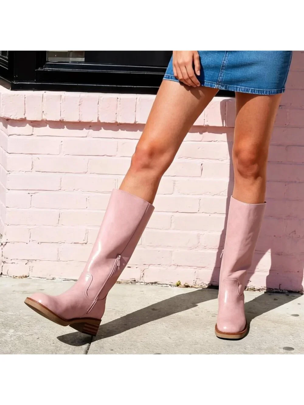 Women's Pink Faux Leather Square Toe Chunky Block Heel Knee High Riding Boots